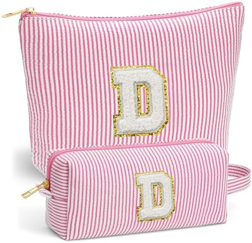 Travel Essentials - Portable Travel Makeup Bag Set for Women, Portable Initial Travel Toiletry Bag, Makeup Pouch Organizer Cosmetic Bag Birthday Gifts for Women, Pink Letter D by Fohufo