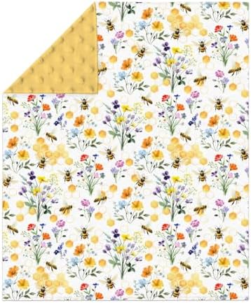 Boho Wildflower Bees Honeycomb Baby Blankets for Girl Boy Watercolor Honeybee Floral Soft Mink Dotted Backing Double Layer Swaddle Receiving Blanket for Toddler Nursery Crib Summer Bed Blanket 30x40 - Image 2