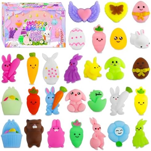 Easter Egg Fillers - 30 Pack Kawaii Mochi Squishy Toys for Easter Basket Stuffers, Mini Cute Squishies Squeeze Toy Easter Party Favors, Easter Gifts for Kids Classroom Prizes School Rewards by KIDSTOYWORLD