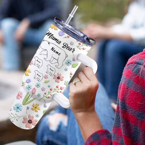 Gifts for Mom from Daughter Son, 40OZ Personalized Mama Bear Tumbler with Handle and Straw, Custom Mom Coffee Tumbler with Kids Names, Personalized Birthday Mothers Day Gift for Women, Her, Grandma - Image 5