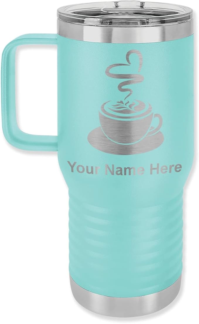 LaserGram 20oz Vacuum Insulated Travel Mug with Handle, Cup of Coffee, Personalized Engraving Included (Teal)