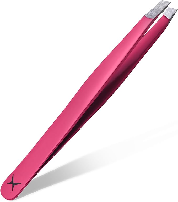 Slanted Stainless Steel Tweezers for Men & Women - Precision Eyebrow Tweezers for Facial Hairs, Strong Grip, Fine Tip, Professional Tweezer for Plucking & Grooming (Neon Pink)