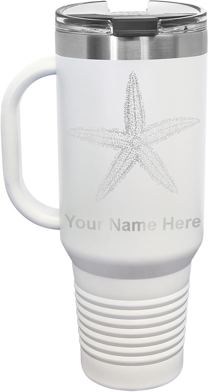 LaserGram 40oz Vacuum Insulated Travel Mug with Handle, Starfish, Personalized Engraving Included (White)
