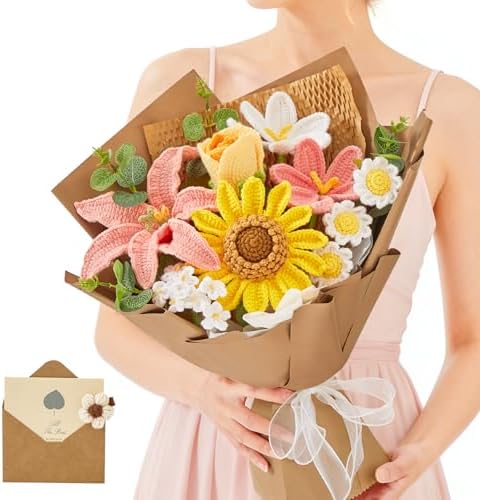 Alecono Large Crochet Flower Bouquet Pink Handmade Sunflower Floral Set by AleconoBetterYourLife