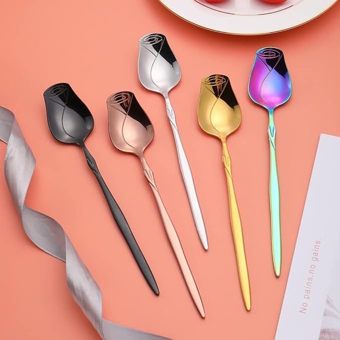 Stainless Steel 5-Piece Rose Flower Shaped Spoon Set - Coffee, Dessert, Ice Cream & Tea Spoons - Cute Multicolor Gift
