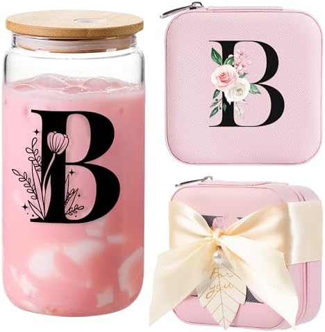 AYGXU graduation gift s for her,gifts for women,travel jewelry case organizer,small jewelry travel case,Cute Tumbler Cup,16oz bamboo lids for glass cups,Initial B pink by AYGXU