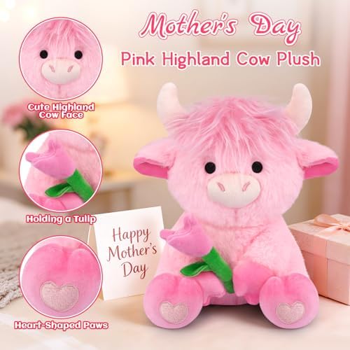 Highland Cow Stuffed Animal,8inch Pink Highland Cow Plush Sit Toy - Image 2