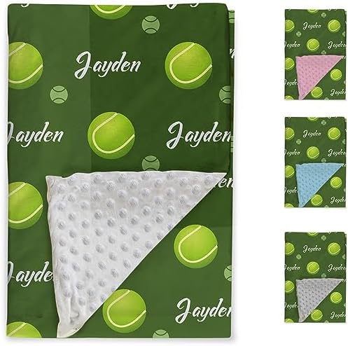 Custom Tennis Blanket - Personalized Name with Tennis Patterns - Soft Plush Flannel Blanket with Double Layer Dotted Backing for Baby Toddler Kids Teen Boys Girls Gifts Green - Image 2