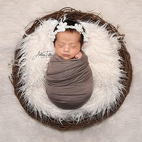 Newborn Photo Props Faux Fur Round 23.6 inch Soft Baby Boy Girl Photo Blanket Studio Photo Mat Ivory - Image 3