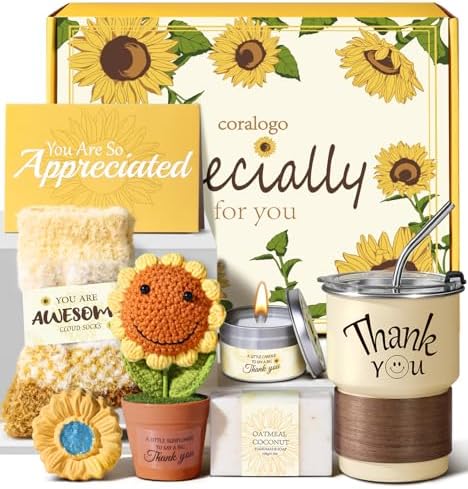 7pcs Thank You Gift Basket for Women, Crochet Sunflower by Coralogo
