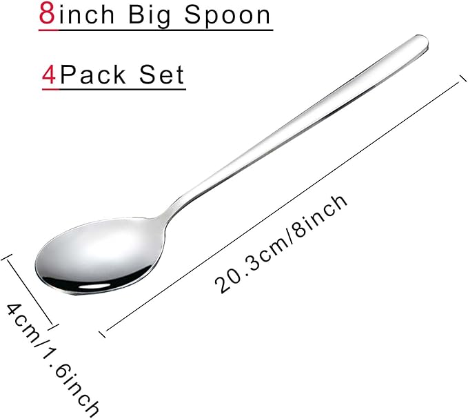 Large Soup Spoon Stainless Steel Dishwasher Safe Dinner Big Teaspoons with Round Edge 8 inches Tablespoons (4)