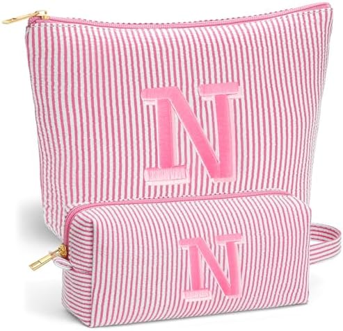 Initial Travel Toiletry Bag for Women - Travel Essentials, Personalized Travel Makeup Bag Small Cosmetic Make up Bag Cute Stuff Birthday Gifts for Women Mom Girlfriend Teacher, Pink Letter N by Fohufo