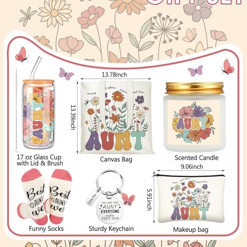 Funnymoom 6 Pcs Auntie Gifts for Women, Best Aunt Brithday Gifts from Niece Nephew with 17 oz Glass Cup Canvas Tote Bag for Auntie Birthday Wedding - Image 3
