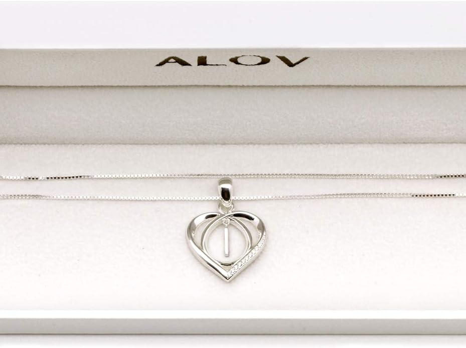 ALOV Jewelry Sterling Silver Initial Letter Alphabet Love Heart Cubic Zirconia Pendant Necklace