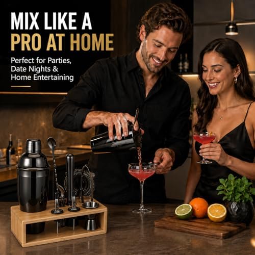 Black Cocktail Shaker Set, Premium 18/8 Stainless Steel Mixology Bartender Kit with Stylish Bamboo Stand 10-Piece Bar Tools & Accessories for Home Bar for Men, Dad, Husband - Image 7