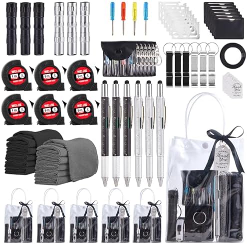 60PCS Baby Shower Prizes for Men 6 Set with Cleaning Cloth Bottle Opener Screwdriver Tape Measuring Keychain Multi Tool Pen Gift Bag Baby Shower Game Prizes for Winner Bachelor Party (Black) by WishFond