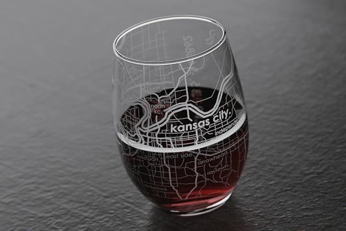 Well Told Engraved Kansas City Missouri Map Stemless Wine Glass, Etched Glass (15 oz, Clear) Custom Gifts for Lovers