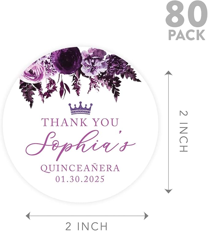 Andaz Press 40-Pack Personalized 2" Round Circle Quinceañera Labels, Purple Florals Custom Thank You Sticker Labels for Mis Quince Años, XV, 15th Birthday Favor Gifts Quinceanera Decorations