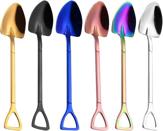 Rolin Roly 6Pcs Colourful Shovel Spoons Coffee Teaspoons Stainless Steel Dessert Spoon Set Rainbow Dinner Spoons Cute Demitasse Scoop for Stirring Drink Mixing Milkshake Jam
