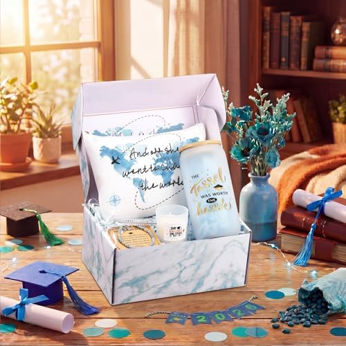 Potchen 7 Pcs Graduation Gifts for Girl Her Class of 2026 College High Graduation Gifts Box Set with 16oz Glass Cup Cosmetic Bag Bracelet Scented Candle with Box for Women Daughter Friend(Blue) - Image 4