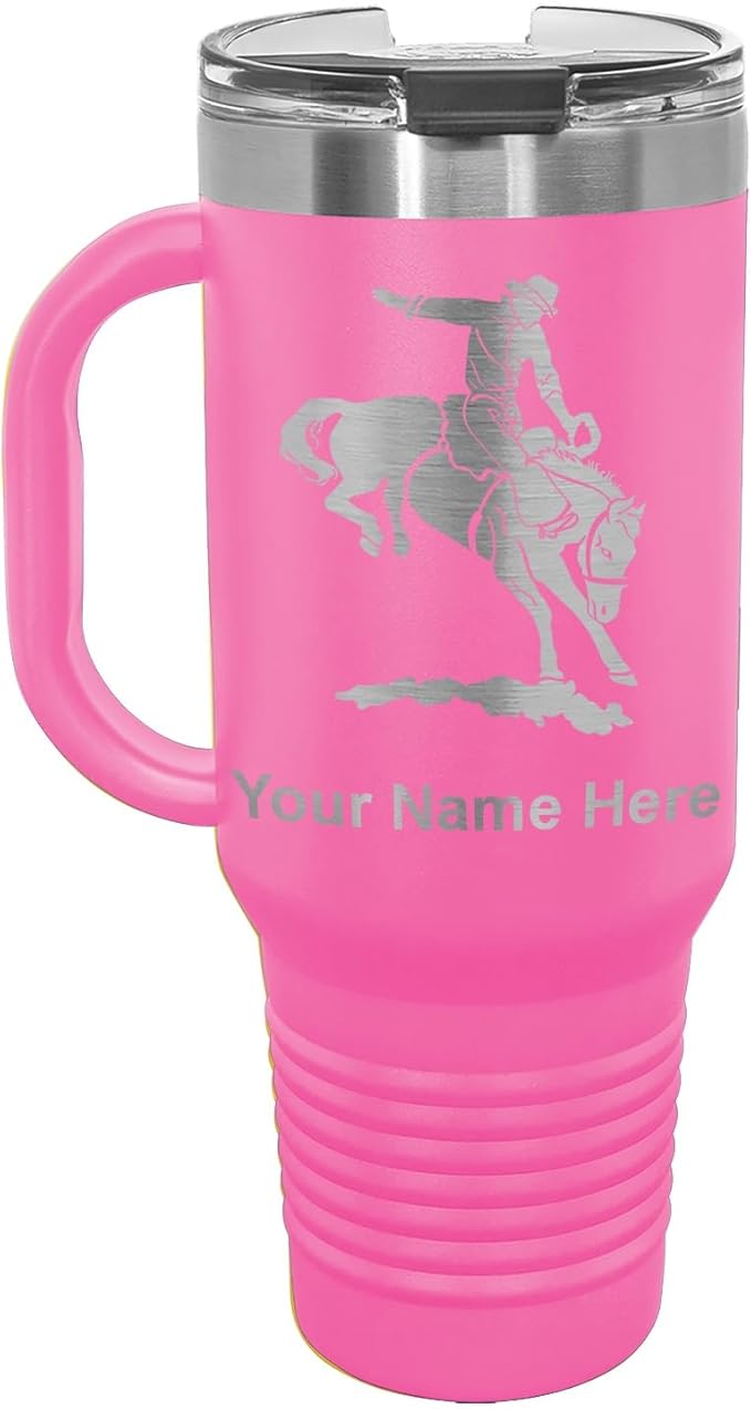 LaserGram 40oz Vacuum Insulated Travel Mug with Handle, Bronco Rider, Personalized Engraving Included (Pink)