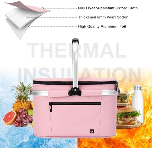 ALLCAMP Picnic Basket, 22L Insulated Cooler Foldable, Thick, Pink - Image 4