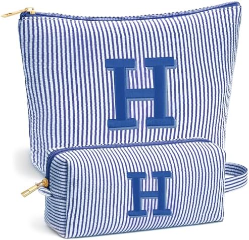 Christmas Gifts for Women - Christmas Stocking Stuffers, Personalized Small Makeup Bag for Purse Travel Makeup Bag Set, Initial Make up Bag Pouch,Birthday Gifts for Women, Blue Letter H by Fohufo