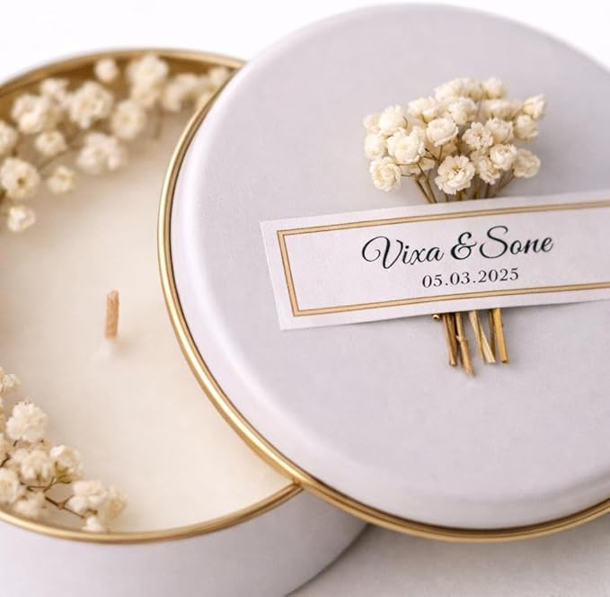 Personalized Natural Soy Wax Wedding Favor Candle Gift Set for Guest - Fall Winter Christmas Custom Dried Flower Bridal Baby Shower Gifts in Bulk (Yellow Flower, 60 Pieces)