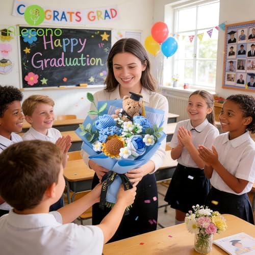 Alecono Blue Graduation Crochet Flower Bouquet Handmade Floral - Image 2
