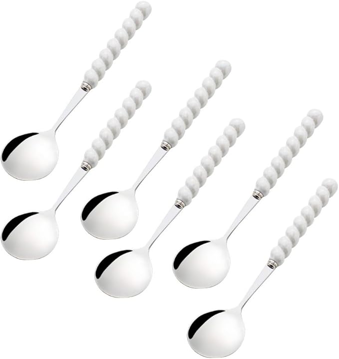 (6 Pieces) 7.48 Inch Exquisite Ceramic Spoon Household Stainless Steel Eating and Drinking Soup Spoon Coffee Spoon Tea Spoon (White)