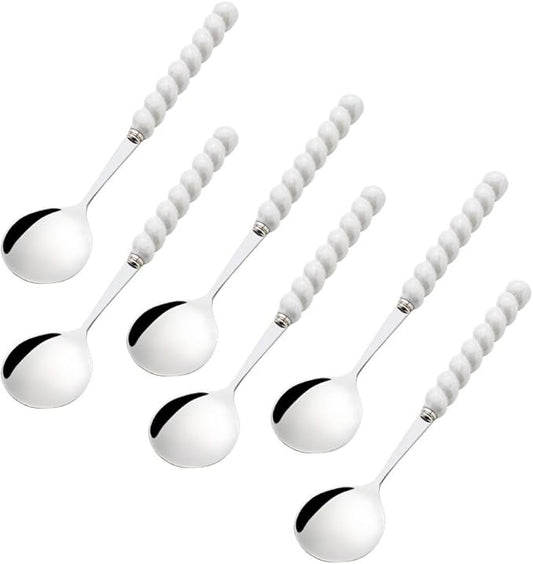 (6 Pieces) 7.48 Inch Exquisite Ceramic Spoon Household Stainless Steel Eating and Drinking Soup Spoon Coffee Spoon Tea Spoon (White)