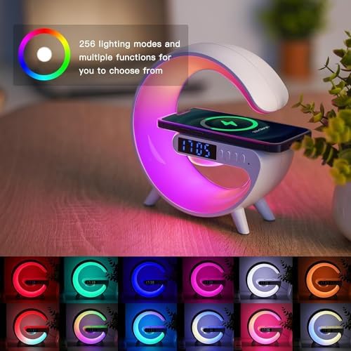 Mini Smart LED Table Lamp, 4-in-1 Wireless Charger, Wireless Charger with Speaker,Night Light, Alarm Clock, and Bluetooth Speaker for Bedroom and Home Decor (White) - Image 2