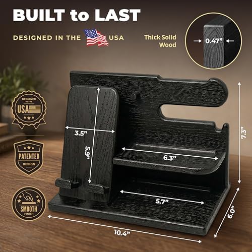 TESLYAR Wood Phone Docking Station for Men - Desk or Nightstand Organizer - Birthday Gifts for Husband, Dad - Anniversary Idea from Wife - Key Holder, Stand Wallet, Watch & Essentials (Granite Black) - Image 5