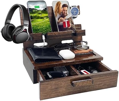 VEIYAILU Gifts for Men Women Husband Son Boyfriend Him Nightstand Organizer Wood Phone Docking Station Birthday Gifts (Walnut) by VEIYAILUGiftsForMen