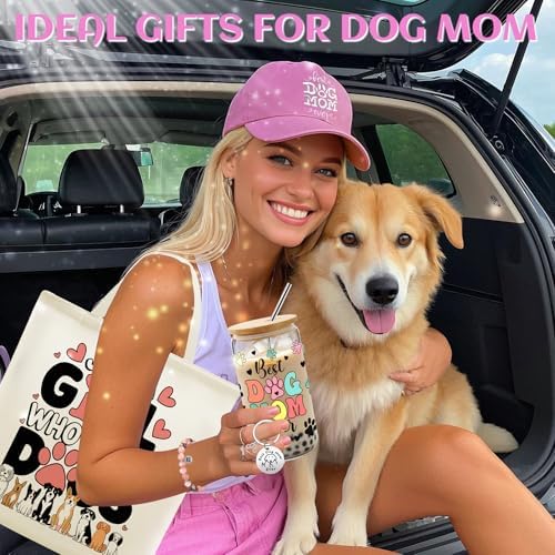 9 Pieces Dog Mom Gifts for Women, Best Dog Lovers Gifts for Women with 16oz Glass Cup, Baseball Cap, Tote Bag, Makeup Bag, Socks, Bracelet, Keychain for Dog Lover Birthday Christmas Mothers Day Gift - Image 4