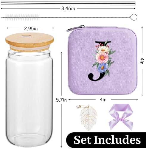 AYGXU Birthday Gifts for Women - Drinking Glass with Bamboo Lids and Straw, Iced Coffee Travel Jewelry Case, Small Jewelry Organizer Box, Initial J (Purple) - Image 2