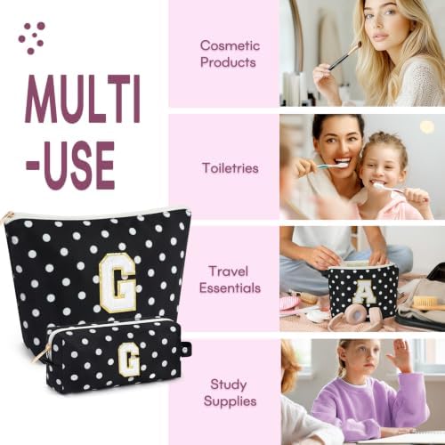 mibasies 2 PCS Initial Makeup Bags for Women: Cosmetic Bag for Travel Toiletry - Birthday Gifts for Teen Girl Gifts Trendy Stuff - Graduation Teacher Gift for Girlfriend -Polka Dot Black G - Image 4