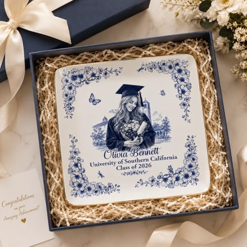 Wrappiness Personalized Graduation Trinket Tray for Girl Women - Custom Photo Toile de Jouy Custom College High School Ring Dish Grad for Daughter, Class of 2026 Graduation Gift for Her Jewelry Dish - Image 5