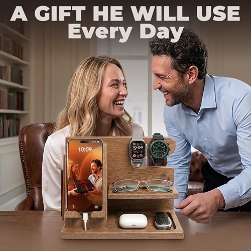 TESLYAR Wood Phone Docking Station for Men - Desktop or Nightstand Organizer - Birthday Gifts for Men, Dad - Anniversary Idea from Wife - Key Holder, Stand Wallet, Watch & Essentials (Earth Beige) - Image 6