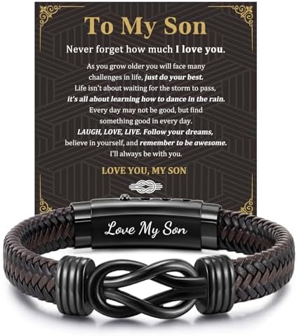 MEALGUET Men's Bracelets Gifts for Men - Brown Braided Leather Infinity Knot Bracelets Engraved Love Massage for Son Man Husband Boyfriend, Mens Bracelet Jewelry Gift for Birthday Valentine's by MEALGUET