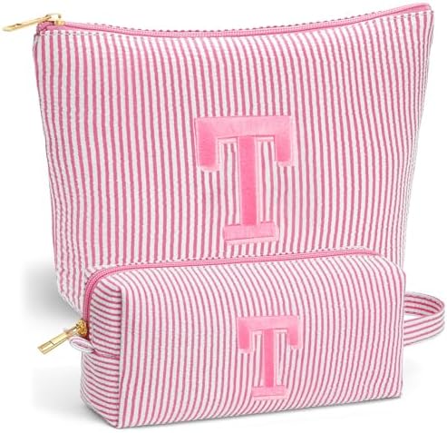Initial Makeup Bag for Women - Travel Pouch, Portable Personalized Cosmetic Bag Make up Kit Pouch | Travel Essentials Cute Makeup Bag Birthday Gifts for Women, Pink Letter T by Fohufo