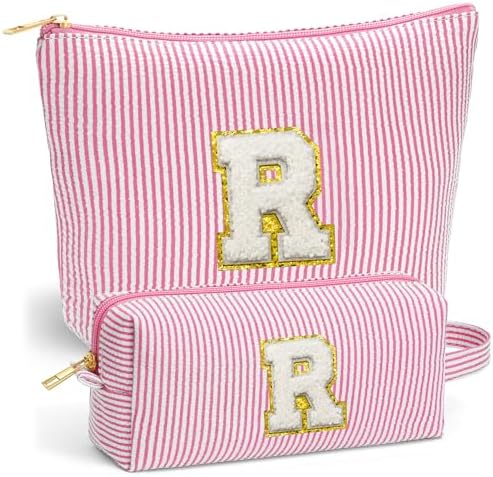 Initial Makeup Bag Set for Women - Travel Pouch, Portable Cosmetic Bag Make up Kit Pouch | Travel Essentials Cute Makeup Bag Birthday Gifts for Women, Pink Letter R by Fohufo