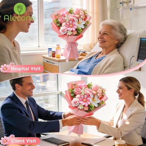 Alecono Large Pink Crochet Flower Bouquet Handmade Knitted Tulip Floral - Image 5