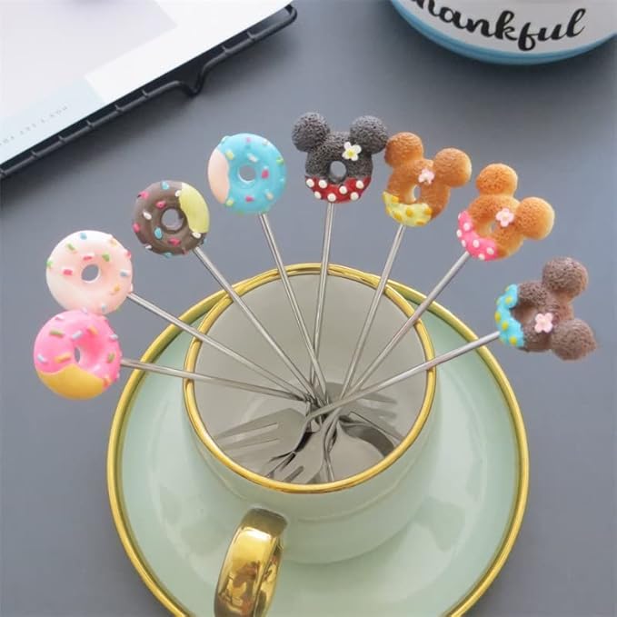 8 Pcs Stainless Steel Drink Fork Set Donut Silver Forks Cutlery Set for Cake,Ice Cream,appetizers,Salad,Dessert.Donut Shape Fruits Forks