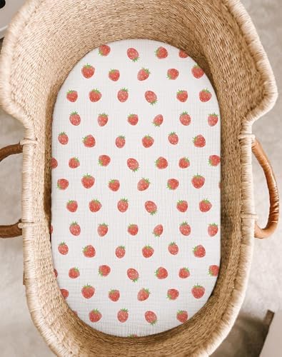 Muslin Bassinet Sheets 2 Pack, 33" x 17", (Strawberry & Pale Pink) - Image 2