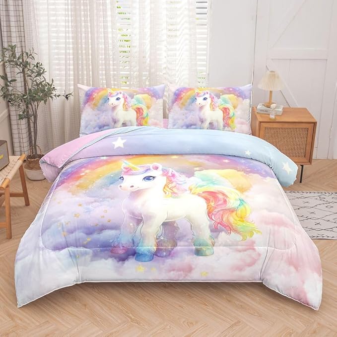 5PCS Unicorn Comforter Sets Full,Full Comforter Set for Girls,Cute Unicorn Bed Set for Kids,Girls,Teens,All Season Use