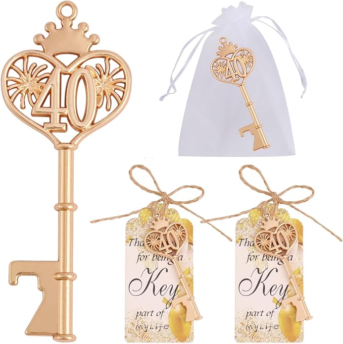 24 Sets 40 Birthday Party Favors Key Bottle Opener, 40th Beer Opener Keychain Favors for Guest with Organza Bags and Tags,Beer Keychain Bottle Openers for Birthday Party Decoration Supplies (Gold-40)
