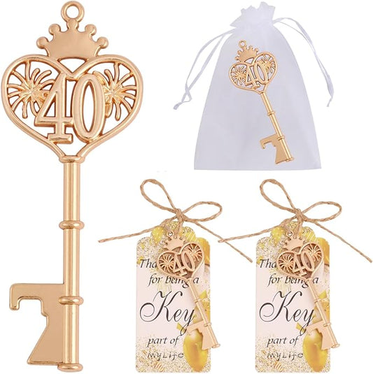 24 Sets 40 Birthday Party Favors Key Bottle Opener, 40th Beer Opener Keychain Favors for Guest with Organza Bags and Tags,Beer Keychain Bottle Openers for Birthday Party Decoration Supplies (Gold-40)