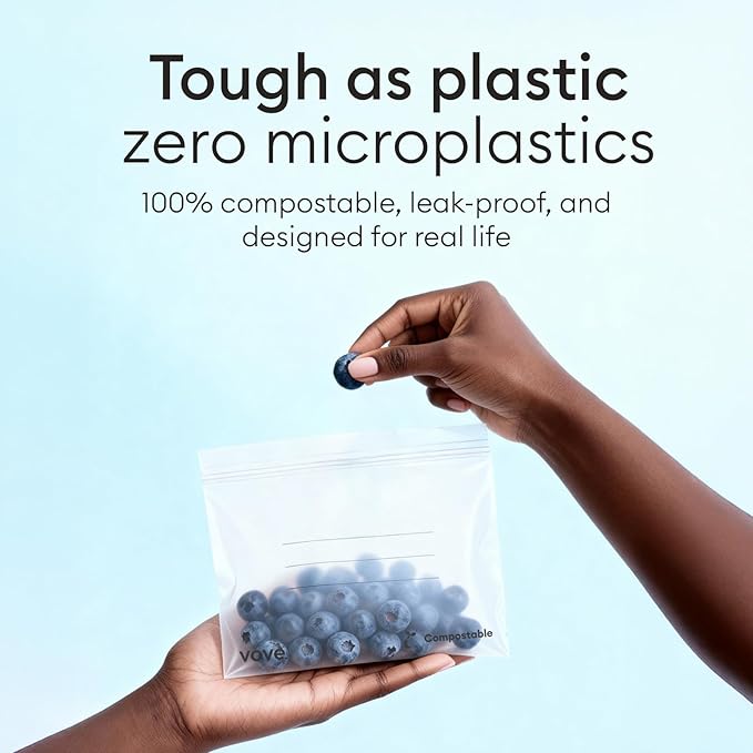Vove Compostable Quart Bags, Large 30 Count – Freezer Safe, Leak Resistant, Non Toxic Food Storage for Leftovers & Meal Prep, Plastic-Free Eco Bags