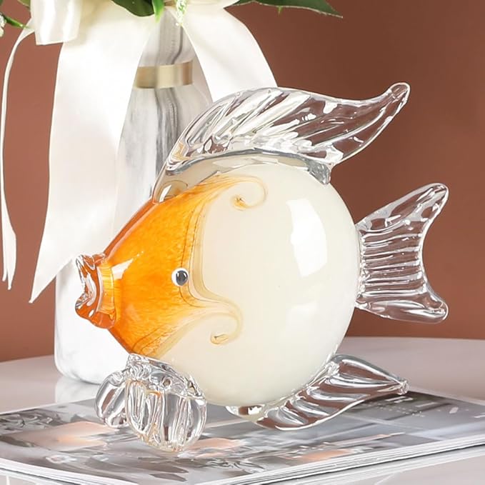 QIANLING Glass Fish Figurines - Coastal Home Decor, Modern Ocean Centerpieces for Living Room, Dining Area, Bathroom, Office, Coffee Table, Beach House, Nautical, Seaside, Entrance, Shelf Display